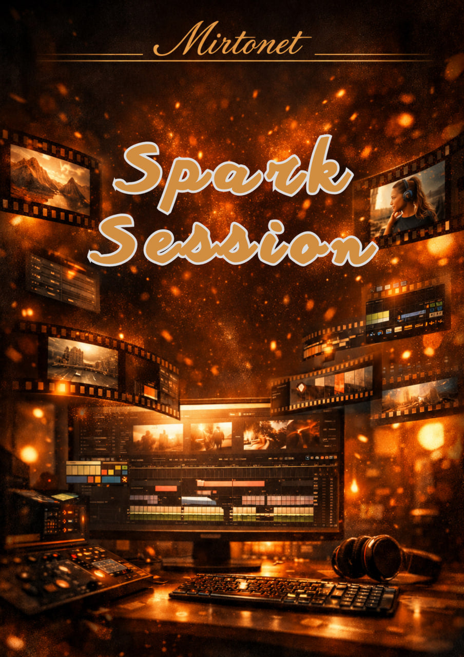 Digital cover art for 'Spark Session' by Mirtonet, featuring a warm, glowing audio production studio with multiple computer monitors, a mixing console, a keyboard, and headphones, surrounded by floating golden sparks.
