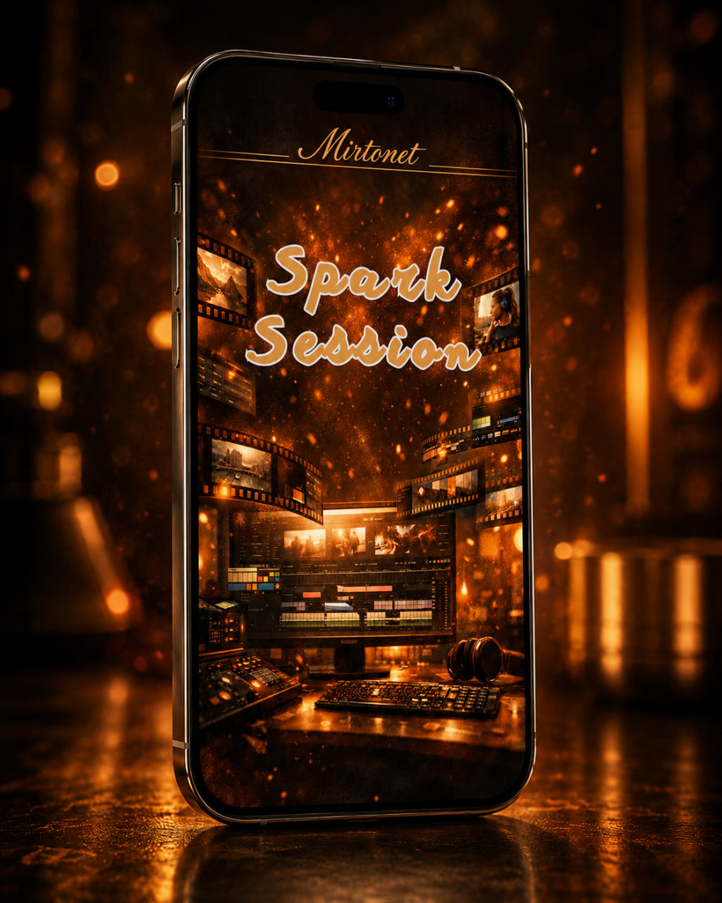A smartphone stands upright on a reflective surface in a dark, warm-toned studio setting. The phone screen displays the text 'Mistral' and 'Spark Session' over an illustrated or rendered music production studio scene with glowing amber lights and equipment.