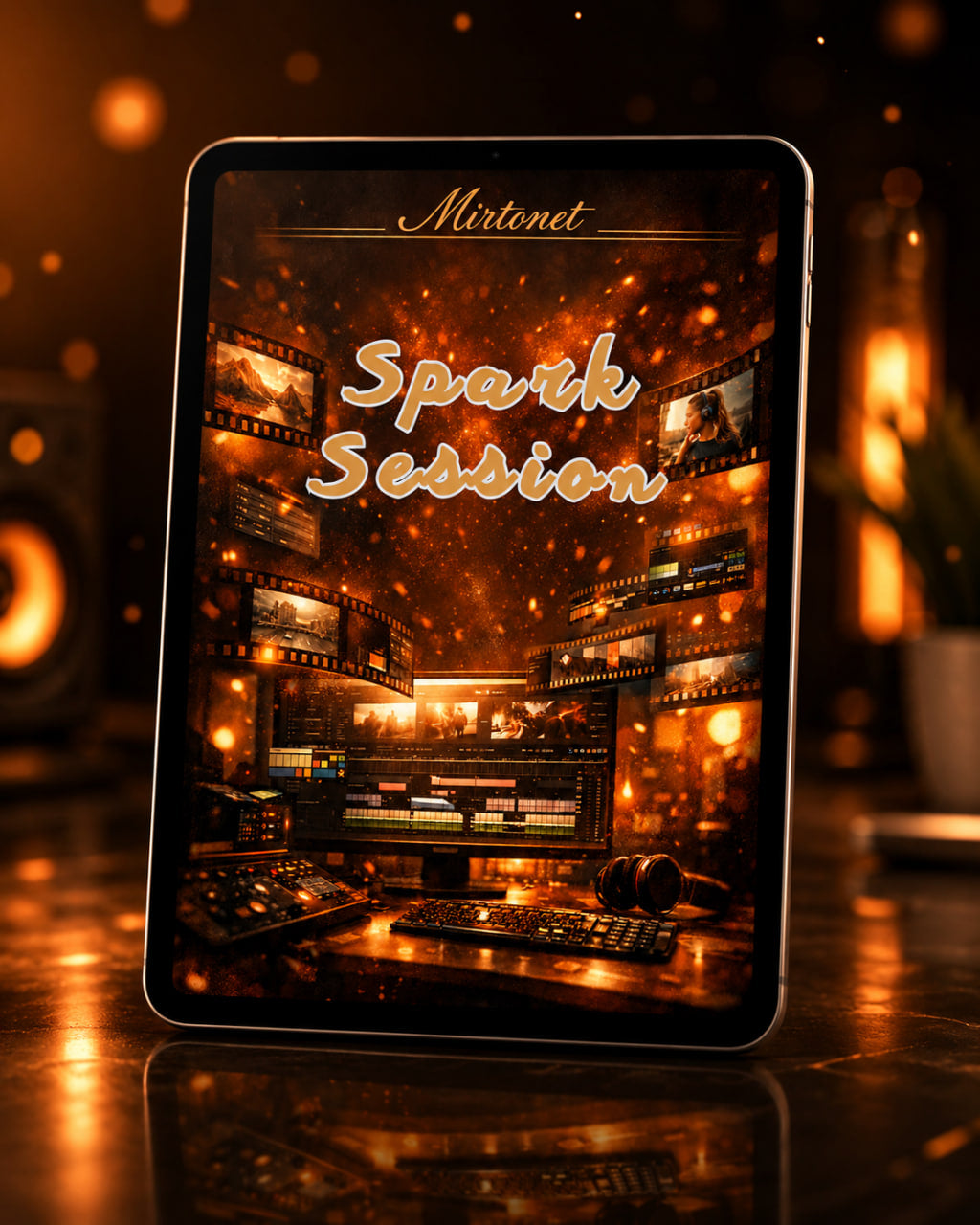 A tablet device standing upright on a reflective dark surface, displaying a warm orange and gold graphic with the text 'Mirtamet Spark Session' and an audio workstation scene. The background is dim and atmospheric with warm lights and bokeh.