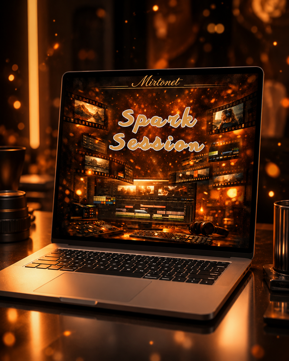 An open silver laptop sits on a reflective dark surface, displaying a warm golden studio scene on the screen with the text 'Mirlenet Spark Session.' The background is dim and moody with warm bokeh lights and blurred objects at the sides.
