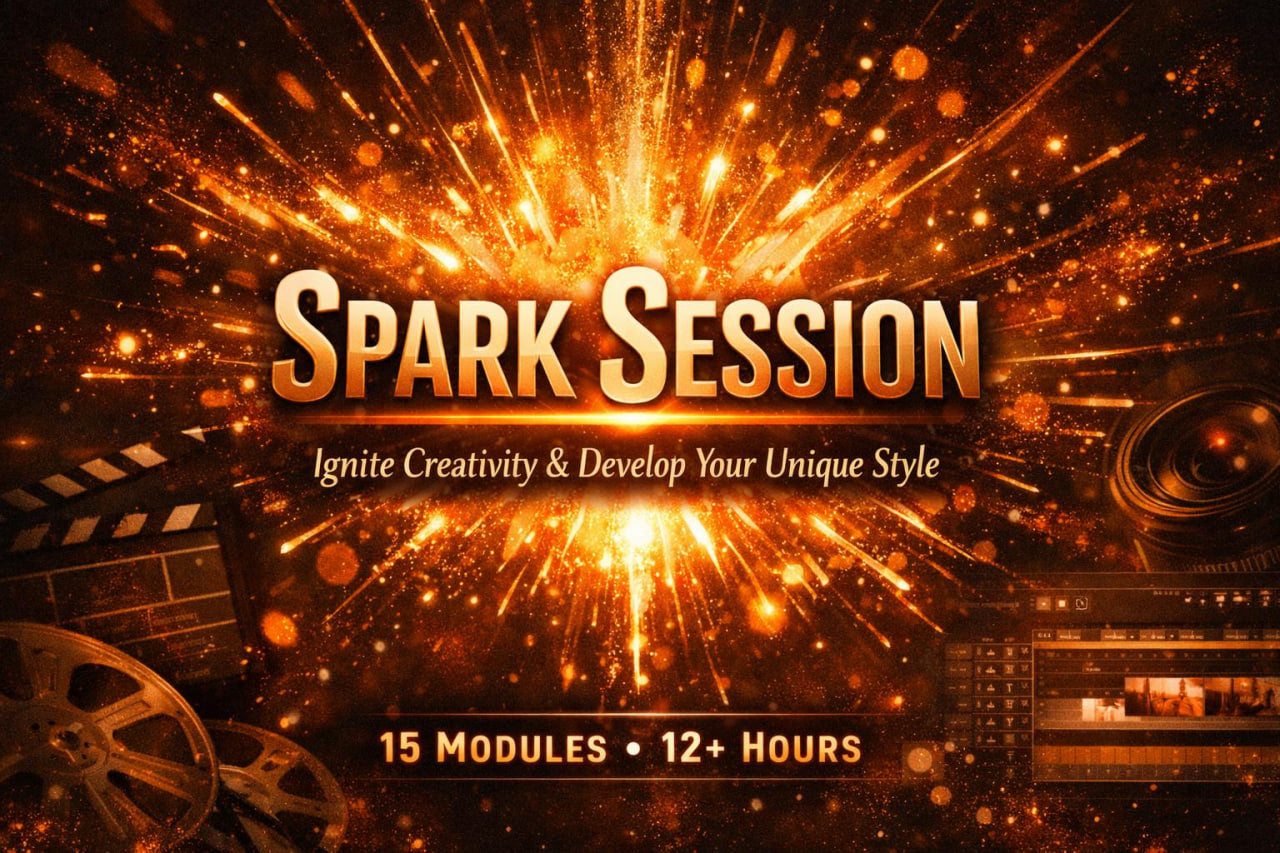 Promotional graphic for a digital course or module pack titled 'SPARK SESSION' with glowing orange and gold explosion effects, text reading 'Ignite Creativity & Develop Your Unique Style,' '15 MODULES • 12+ HOURS,' and film-and-video-editing themed decorative elements around the edges.