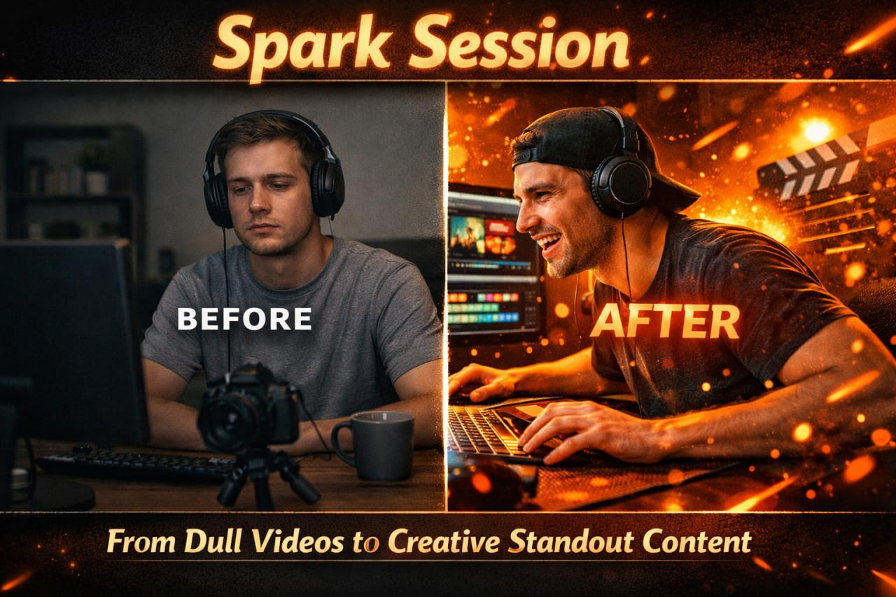 Promotional graphic for a video editing or content creation course or service, titled 'Spark Session'. The image features a split-screen comparison labeled 'BEFORE' and 'AFTER', showing a man in a dim room with a camera on a tripod on the left, and a man working on a laptop with dramatic, high-energy editing effects on the right.