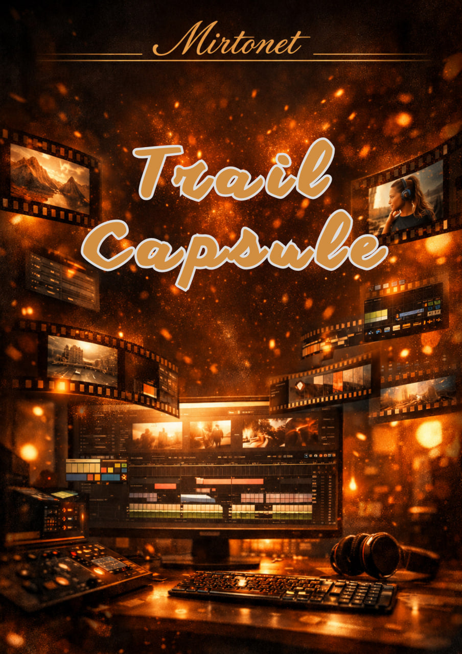 Digital cover art for 'Trail Capsule' by Mirtonet, featuring a dark, warm-toned video editing studio with film reels, computer screens, and glowing golden bokeh effects.
