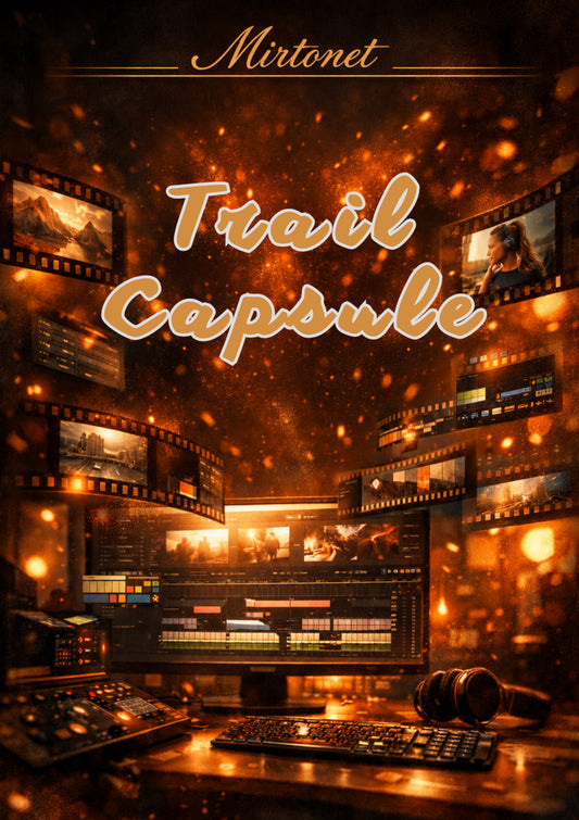 Digital cover art for 'Trail Capsule' by Mirtonet, featuring a dark, warm-toned video editing studio with film reels, computer screens, and glowing golden bokeh effects.