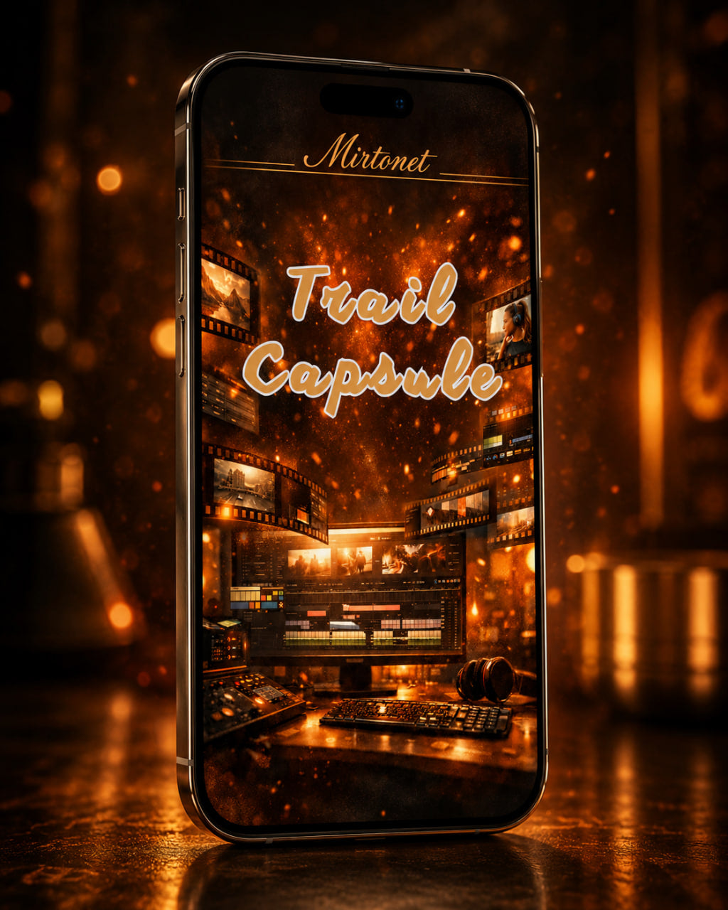 A smartphone stands upright on a reflective surface against a dark, warm-toned blurred background. The phone screen displays the text 'Mirtomet Trail Capsule' over an illustrated audio workstation scene with glowing amber lights and film reels.