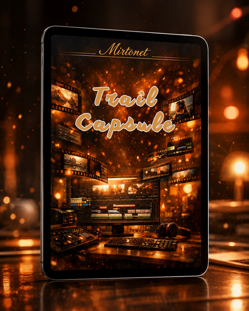 A tablet device standing upright on a reflective surface, displaying a warm orange and brown digital cover design with the text 'Mirtonet Trail Capsule.' The scene is stylized with glowing bokeh lights and filmstrip graphics on the screen.