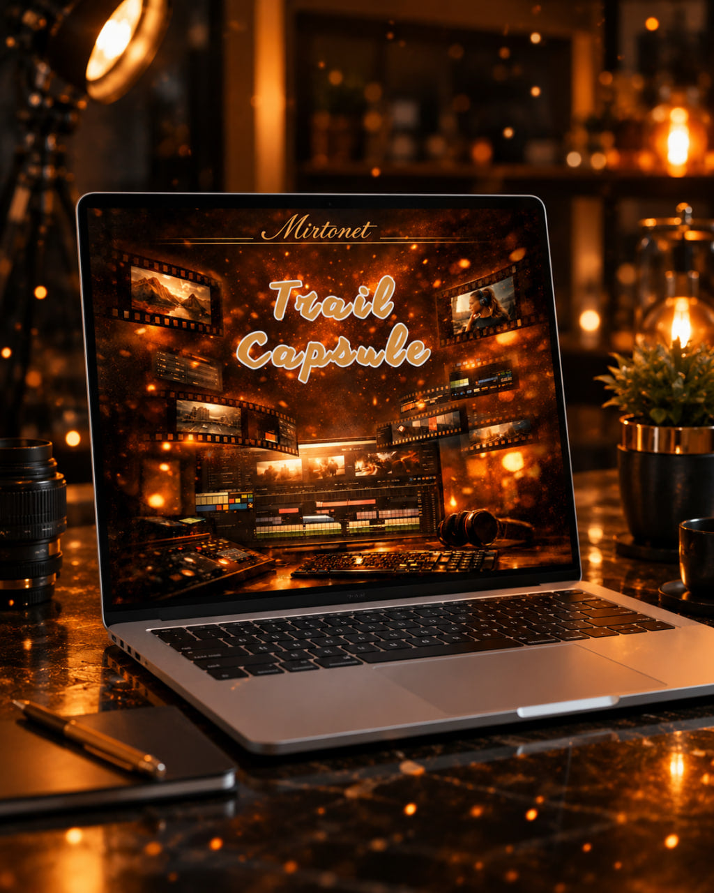 A silver laptop sits open on a dark, reflective desk in a warm, atmospheric studio setup. The screen displays a digital graphic with the text 'Mistnet Trail Capsule' over a glowing, warm-toned sci-fi interior scene.