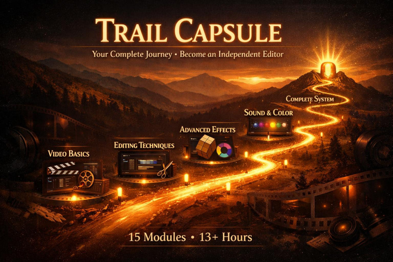 Promotional graphic for Trail Capsule, a complete editing and sound system. The design features a winding golden path leading up a mountain with a glowing portal, set against a dark, dramatic mountain landscape.