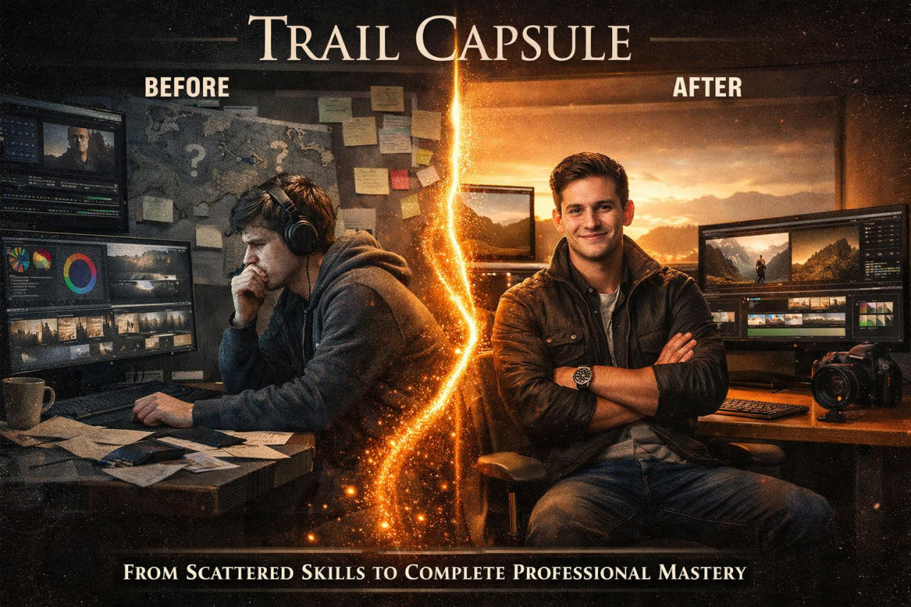 Promotional graphic for Trail Capsule featuring a split-screen 'Before' and 'After' comparison. On the left, a man is shown working late at a desk with multiple computer monitors displaying video editing software.