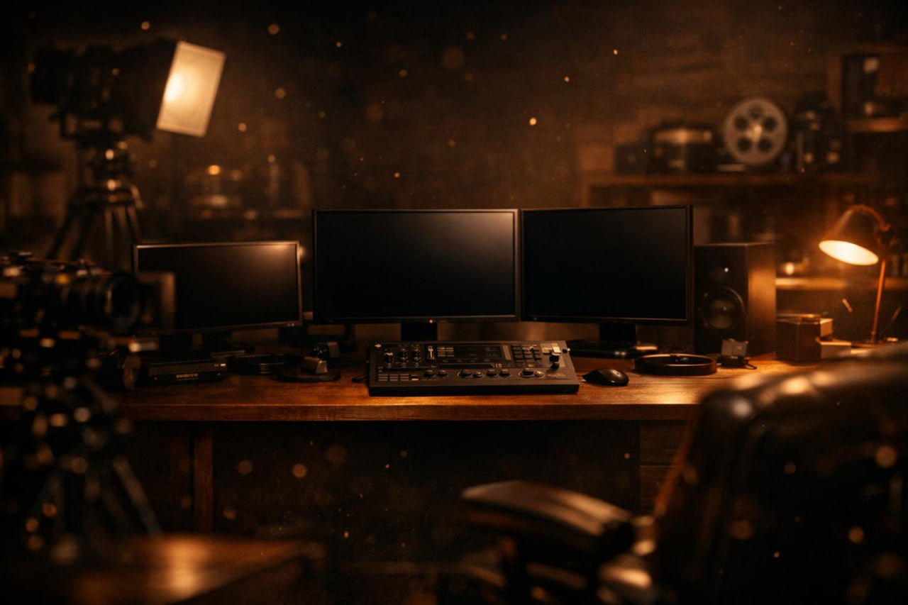 A dark, cinematic home studio setup with three black computer monitors, a keyboard, and a controller on a wooden desk, surrounded by warm amber lighting, bokeh lights, and film equipment in the background.