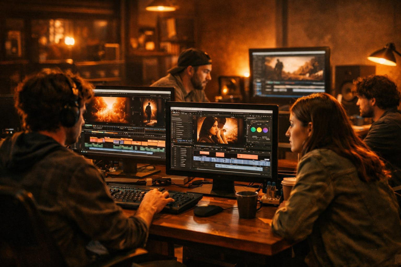 A group of filmmakers and editors working at a desk in a dimly lit studio, surrounded by multiple computer monitors displaying video editing software and a film scene.
