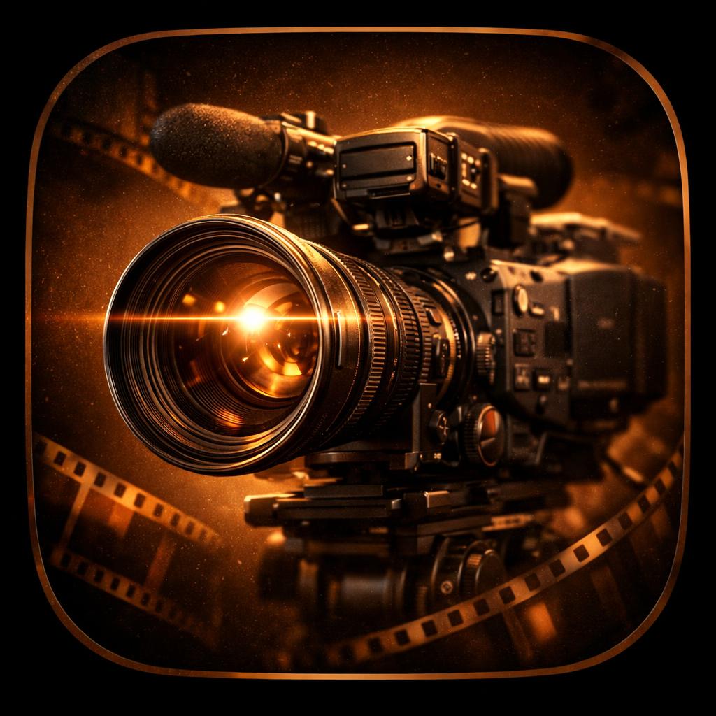 A dramatic studio-style render/photo of a black video camera with a large lens, microphone on top, and film strips in the background, all in warm golden-brown lighting.