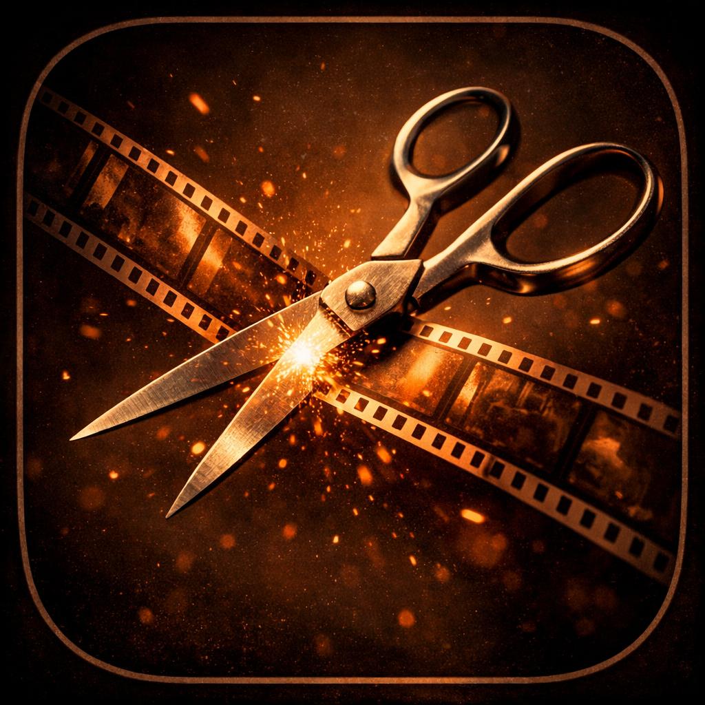 A pair of metallic scissors with film reels running through them, set against a dark warm brown background with glowing embers and a rounded square border.