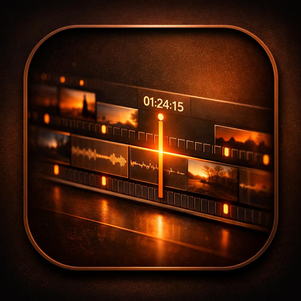 A rounded square digital icon or app-style graphic showing a dark video editing timeline with glowing orange highlights, waveform lines, and a digital clock reading 01:24:15, set on a dark brown background.